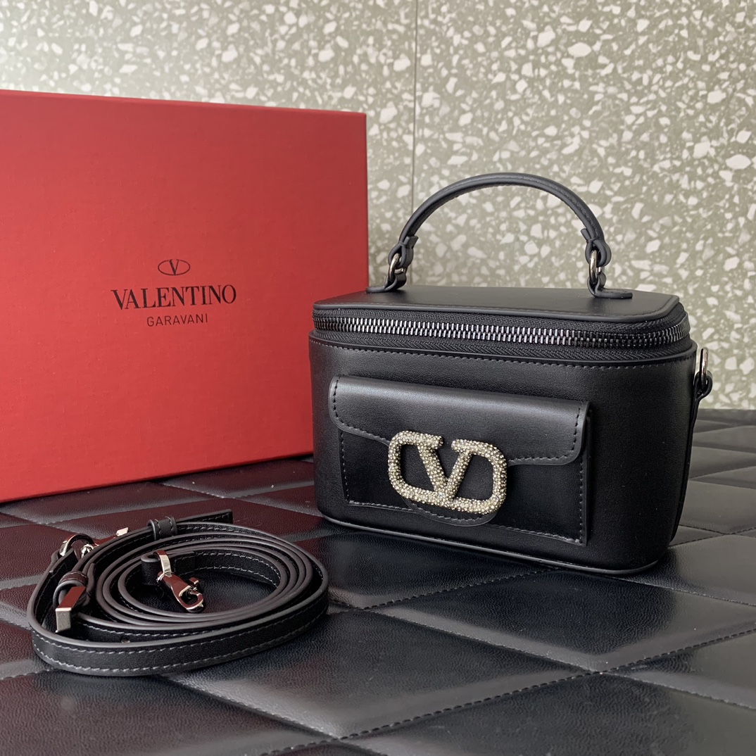 Valentino Garavani Loco Mini Box Bag in Black Calfskin Leather 